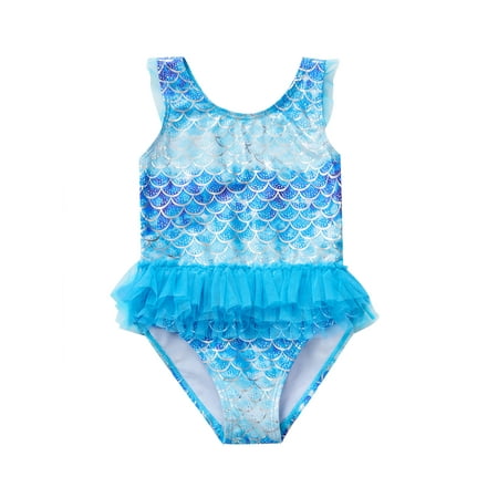 

Kids Girls One-Piece Swimsuit Blue Mermaid Scale Print Sleeveless Swimwear Mesh Tulle Ruffles Backless Princess Bikini