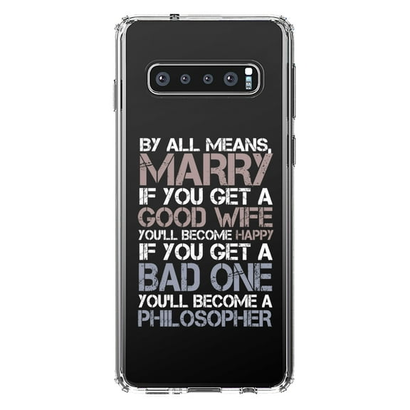 DistinctInk Clear Shockproof Hybrid Case for Samsung Galaxy S10  PLUS (6.4" Screen) - TPU Bumper Acrylic Back Tempered Glass Screen Protector - Marry - Good Wife Become Happy