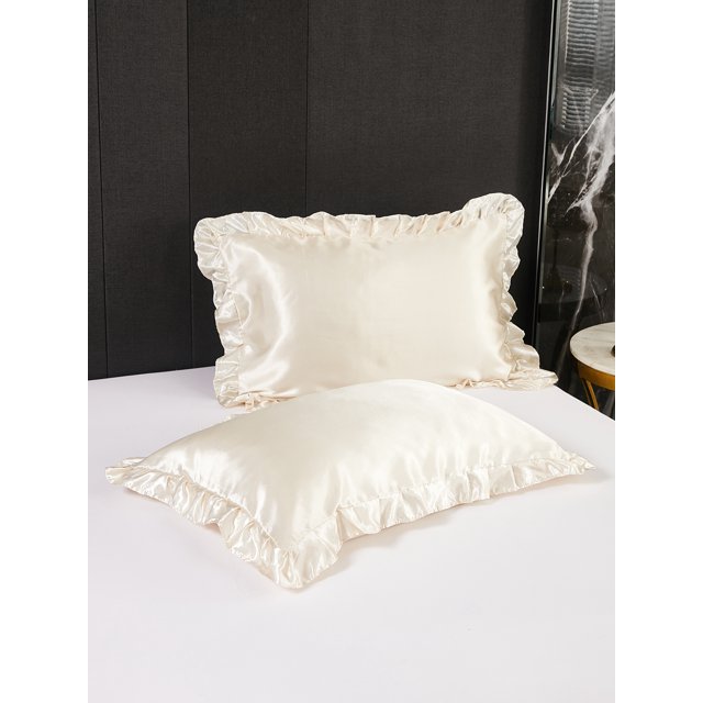 MOVE OVER Khaki Ruffle Pillowcases Queen, Silky Satin Pillow Cover Set of 2, Luxury Satin Ruffle Pattern, 2 Pack