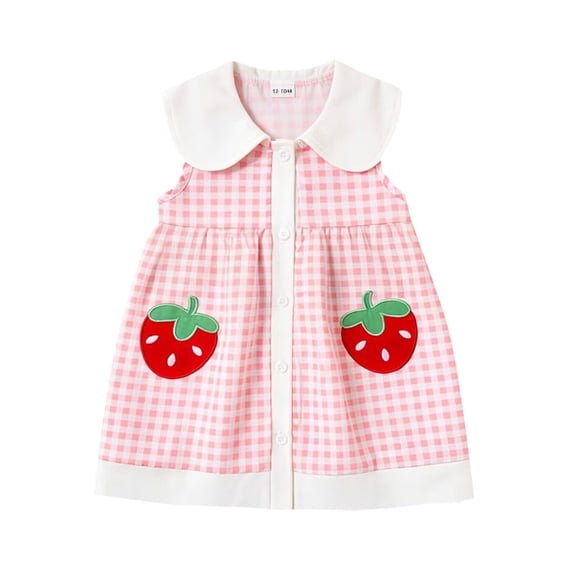 JCCXIN Toddler Girls Dress Cotton Sleeveless Strawberry Embroidery Plaid Dance Princess Birthday Casual Wear Peter Pan Collar Adorable Party Sundress,Pink,18-24 Months