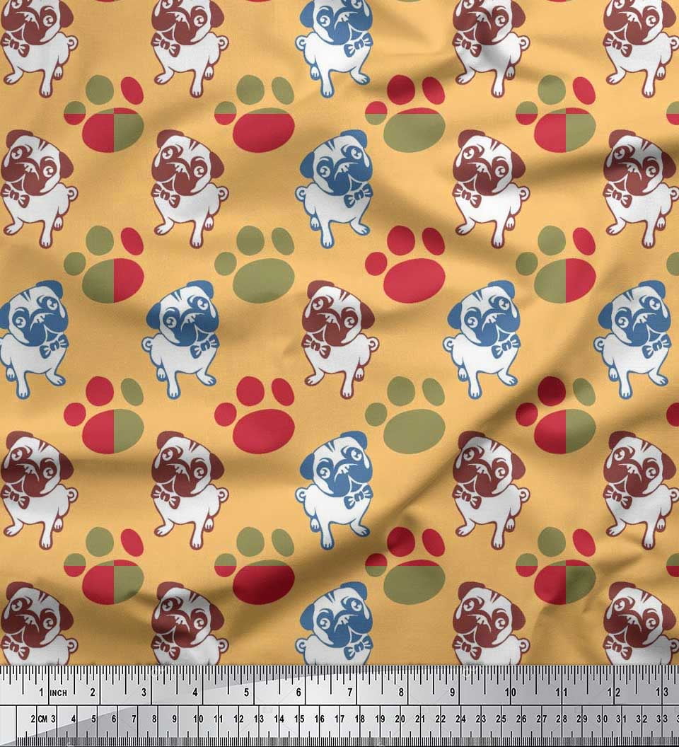 Soimoi Cotton Poplin Fabric Paw & Pug Dog Print Fabric by The Yard 56
