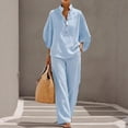thumbnail image 6 of Women’s Batwing Sleeve Linen Cotton Two-Piece Set – Casual Shirt & Wide Leg Pants Outfit, Lounge Cotton 2 Piece, 6 of 7