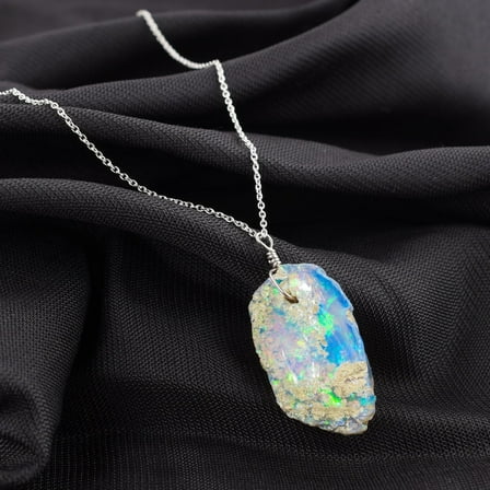 AA  Natural Ultra Fire Raw Ethiopian Opal Rough Handmade Dainty Pendant Necklace For Women, Healing Chakra Crystals, Birthstone Jewelry, Rhodium Plated 925 Sterling Silver Chain 20 inch, Gift for Her