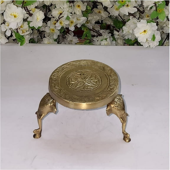 Round Chowki with Elephant Pillars Pooja Chowki for Home Temple Chowki for Idols Chowki for Pooja Religious Home Decor Small Round Chowki for God Statue Puja Room Decor - AtoZ India Cart