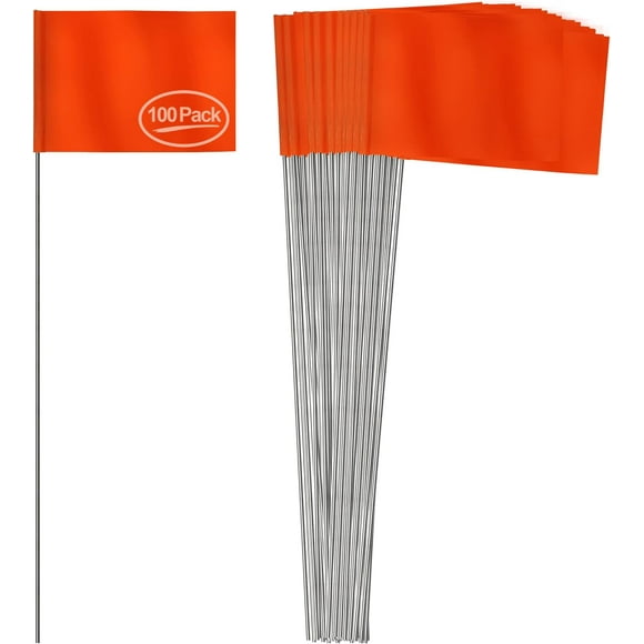 Anley Orange Marking Flags 100 Pcs - 4" X 5" Vinyl Irrigation Sprinkler Flag with 15 Inch Steel Wire Stake - Small Marker Flags for Lawn, Yard, Industrial, Landscaping, Construction and Survey