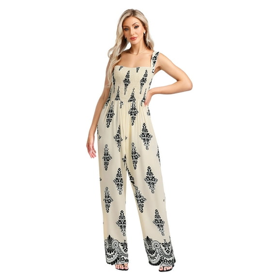 Yartina Women's Casual High Waist Wide Leg Rompers One Piece Full Body Bohemian Jumpsuit Clubwear Beige XXL