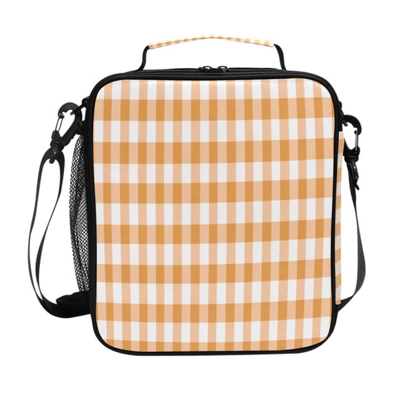 Light Orange Plaids Insulated Lunch Bag Reusable Lunch Box Lunch Container with Straps