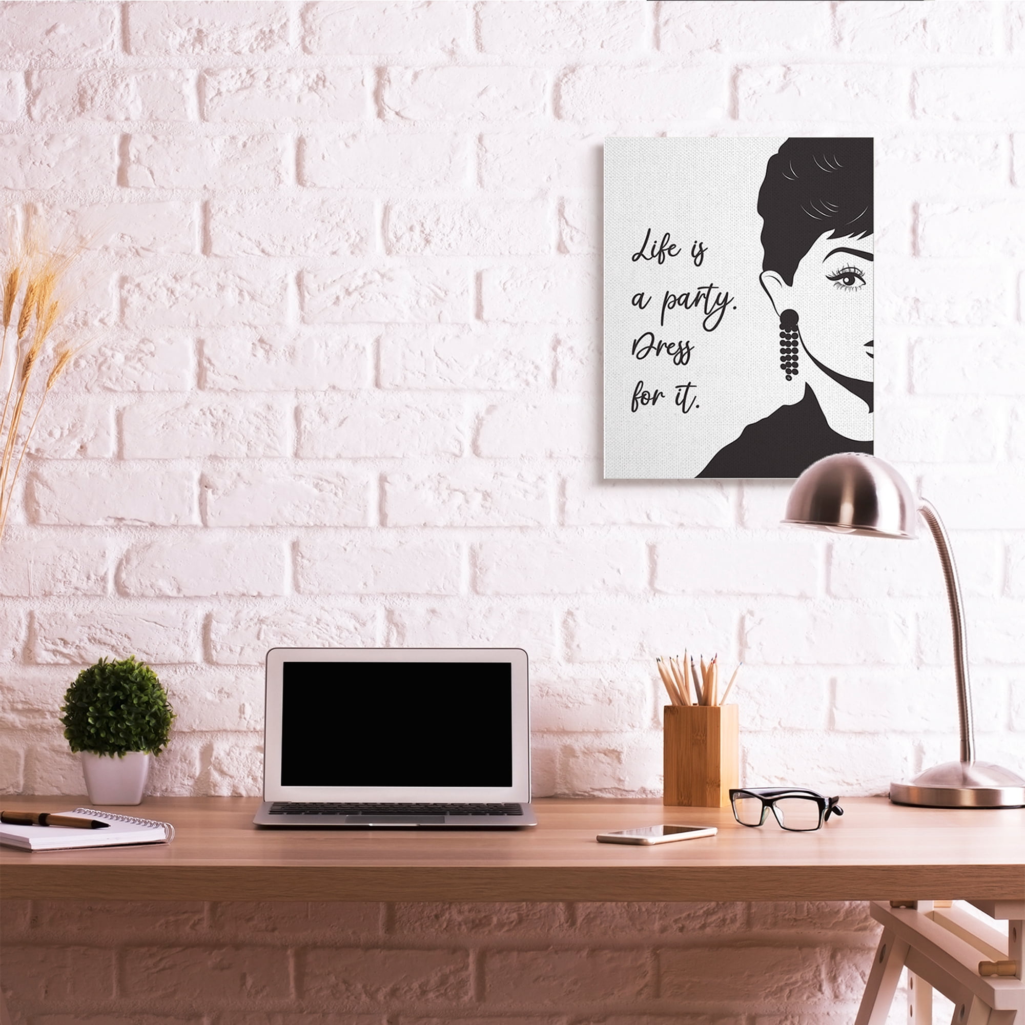 Stupell Industries Life's a Party Glam Fashion Phrase Aubrey Portrait Typography Painting Gallery Wrapped Canvas Art Print Wall Art, 24 x 30
