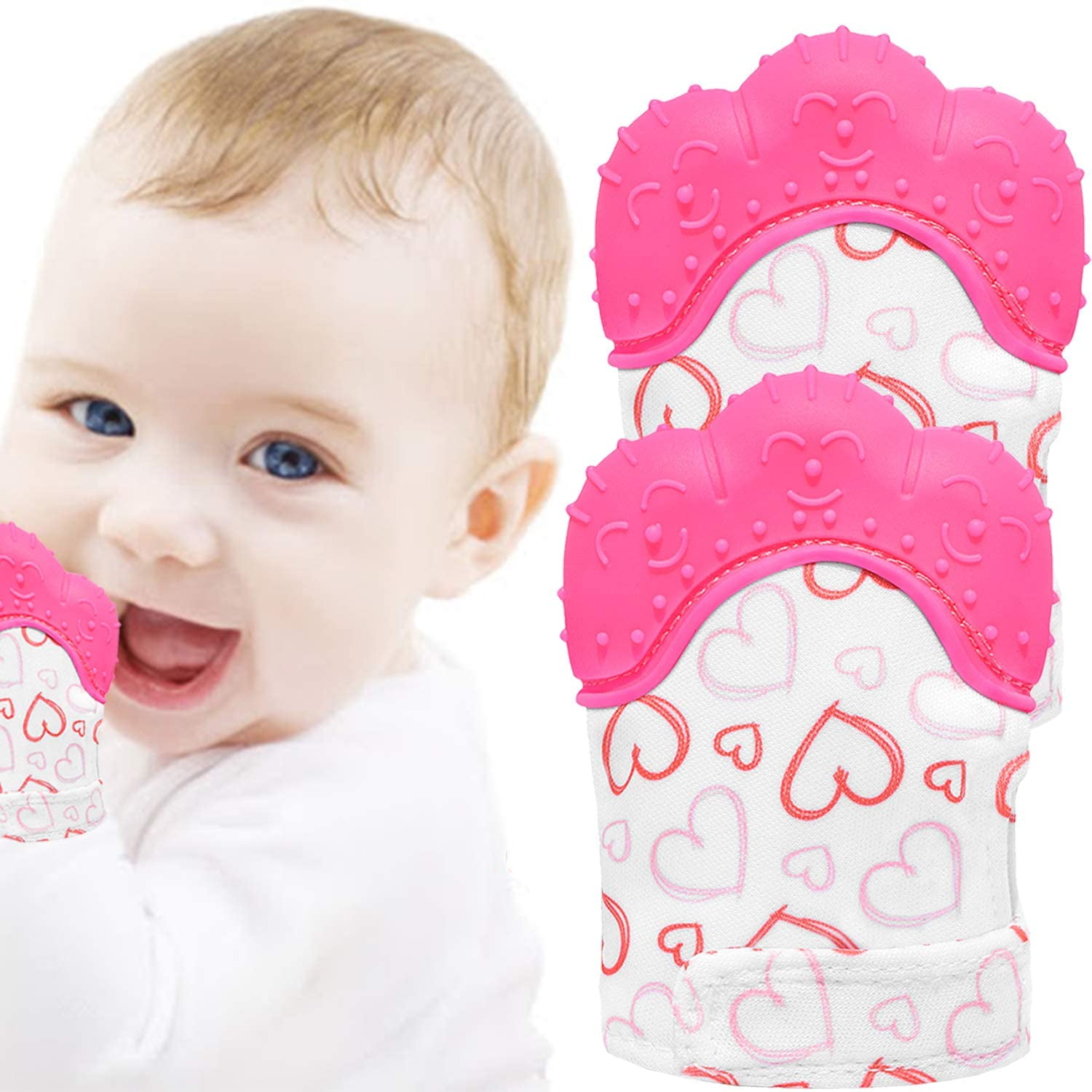 Angzhili 2 Pack Baby Teething Mittens,Safe Silicone Mitten Teether Glove Prevent Scratches Protection Gloves Soothing Pain Relief Mitt Stimulating Teething for Baby Pink