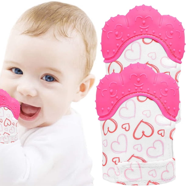 Manopla para la dentición, 2 piezas, guante para bebé, juguetes para morder estimulantes para niños y niñas, guante para la dentición para bebés de 3 a 6 meses (corazón bastante dulce, rosa) Xemadio WMZL-1058