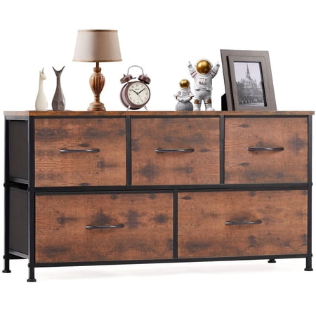 ZHICHUN 5 Drawer Fabric Storage Tower Modern Chest of Drawers with Wooden Top Sturdy Metal Frame Dresser Organizer for Bedroom