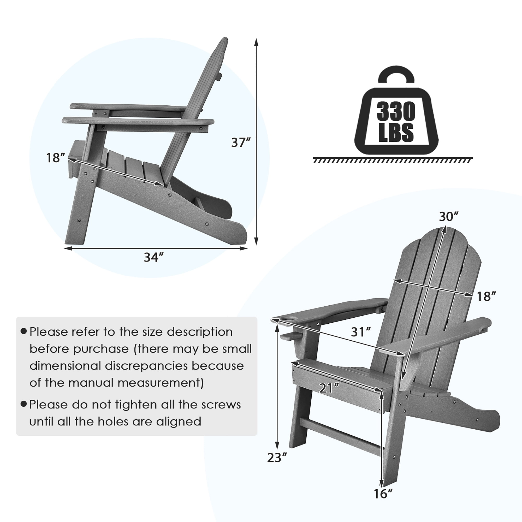 Costway Patio Adirondack Chair Weather Resistant Garden Deck W/Cup Holder Grey