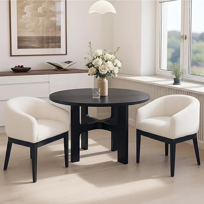 Guyou Modern Upholstered Dining Chairs Set of 4, Farmhouse Sherpa Kitchen & Dining Room Chairs with Armrests, 18" W Wooden Barrel Accent Chair Armchair for Dining Room Living Room Bedroom, White