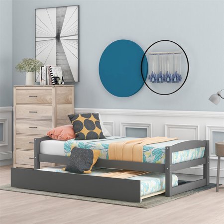 Twin Size Captain’s Bed  Wooden Daybed with Trundle Platform DayBed Frame with Slat Support for Bedroom Guest Room Dorm  No Box Spring Needed  Gray