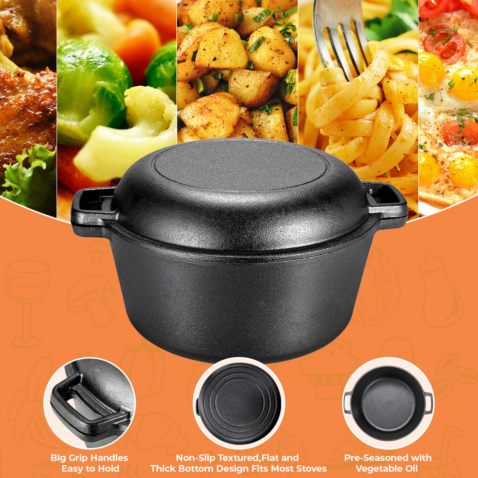 TLGREEN 7-Quart 2-in-1 Pre-Seasoned Cast Iron Dutch Oven photo 7