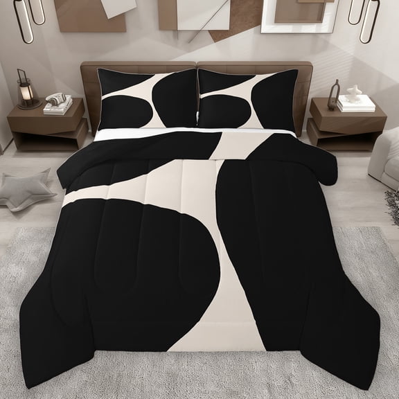 jejeloiu Square Pattern Bedding Comforter Set,Modern Abstract Geometric Twin Comforter Sets,Beige Black Bedding Set For Men Women,Microfiber Bedroom Decor Reversible,2pcs