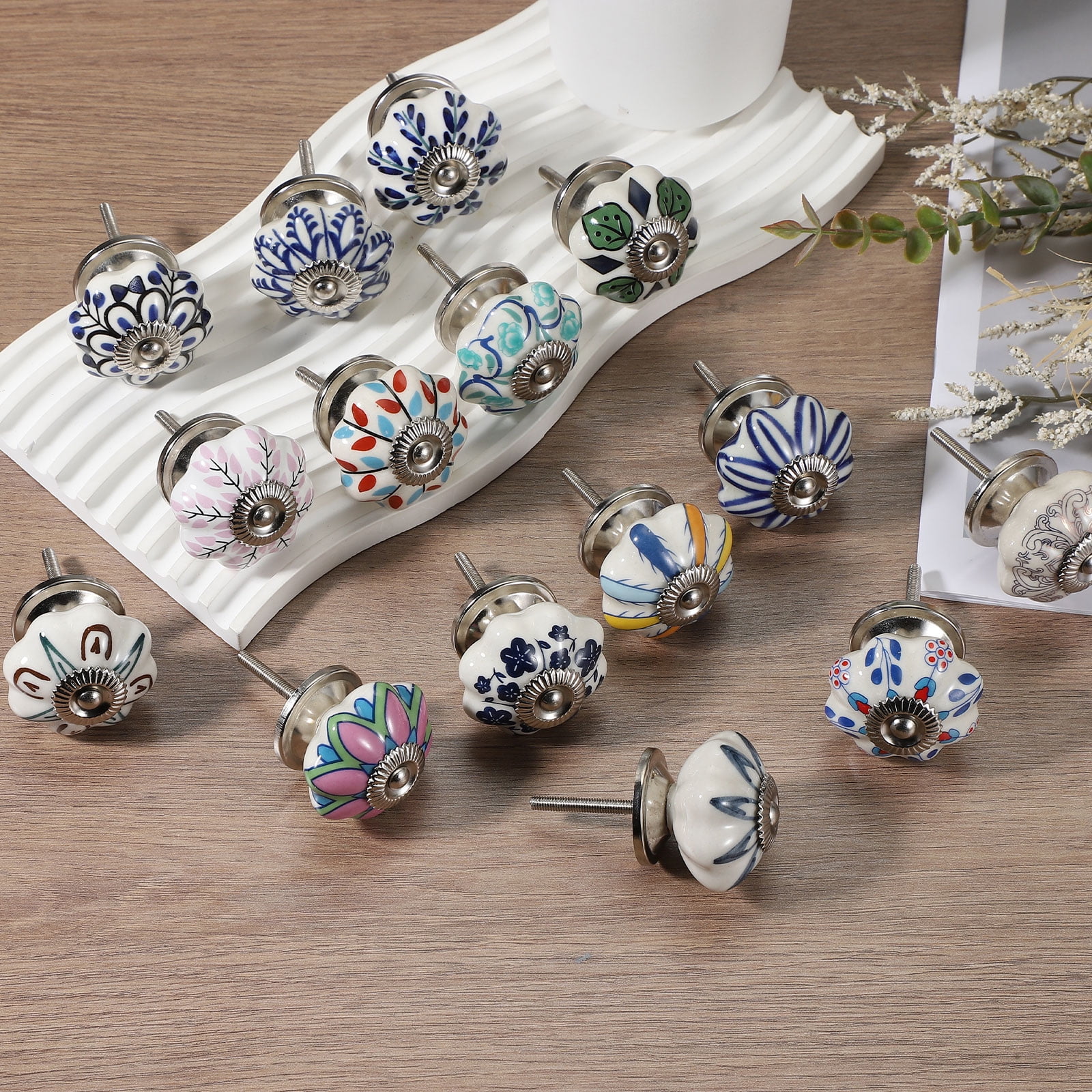 6 Packs Ceramic Knobs, Pumpkin Ceramic Cabinet Drawer Knobs with Screw for Closet Drawer Cupboard Wardrobe, White/Gold