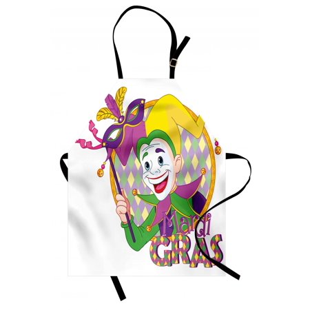 Mardi Gras Apron Cartoon Design of Mardi Gras Jester Smiling and Holding a Mask Harlequin Figure, Unisex Kitchen Bib Apron with Adjustable Neck for Cooking Baking Gardening, Multicolor, by Ambesonne