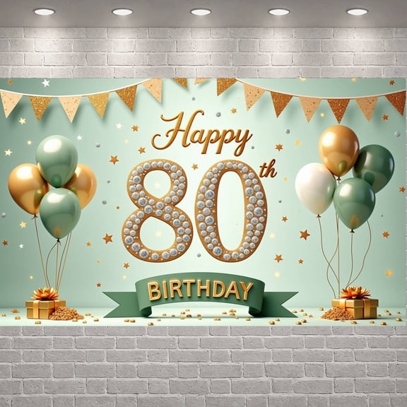 Golden Green 80th Birthday Banner Glittery Numbers Display Balloon Decor Star Pattern 80th Celebration Backdrop for 80th Birthday Party Elderly Celebration Indoor Decoration