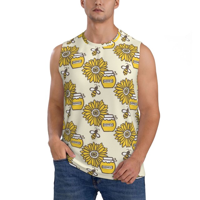 Balery Cartoon Honey Pot Bee Sunflower Camisetas sin mangas para hombre, absorbe la humedad y protege contra el mal olor.-Medium