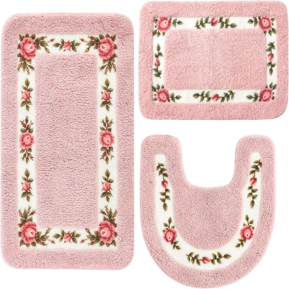 3 Pcs Rose Flowers Bathroom Rugs Set Coquette Room Decor Floral Carpet for Bathroom Bedroom Living Room, Floral Bath Mat Non Skid Romantic Rose Flower Area Rugs 3 Shapes(Pink,Small)