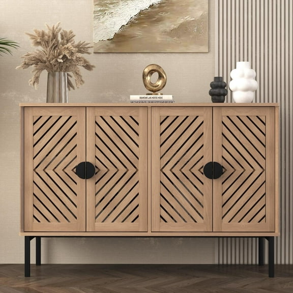 HLR 47" Modern 4-Door Sideboard Buffet Cabinet with Storage and Adjustable Shelves for Dining Room, Light Brown