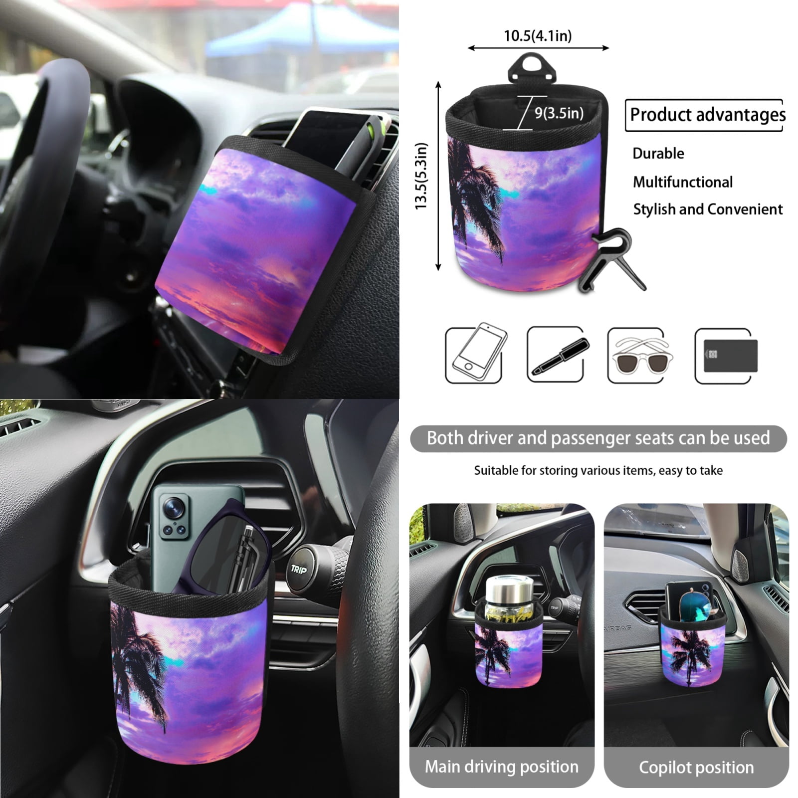Garronmavis Beach Sunset 15 PCS Car Seat Cover Full Set 4 Pieces Car Seat Covers Steering Wheel Cover Wristlet Strap Car Trash Can Car Dash Accessories Rearview Mirror Cover Car Coasters