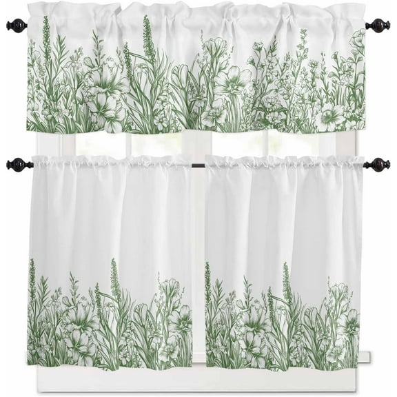 Green Flower Kitchen Curtains and Valances Set, Rod Pocket Curtains Tier Farmhouse Window Curtains 36 Inch Length, Botanical Floral Leaves Plants Spring 3 Piece Kitchen Curtains Set