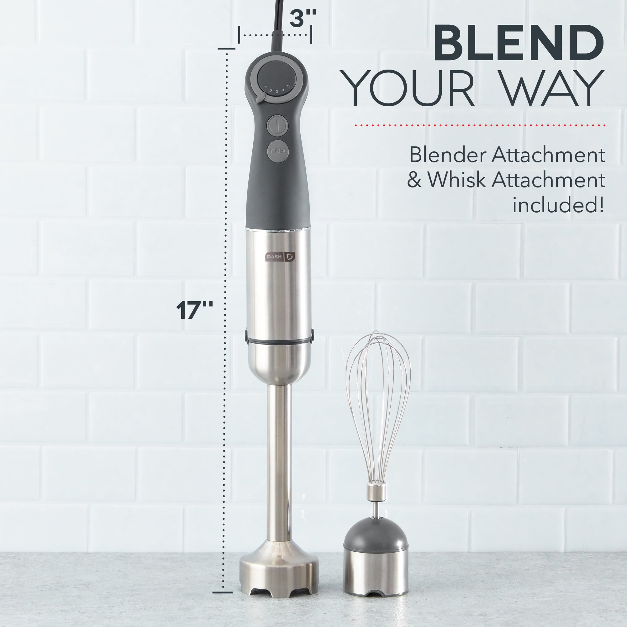 Dash Chef Series Immersion 5 Speed Stick Blender - Stainless Steel Blades -Whisk Attachment, Grey