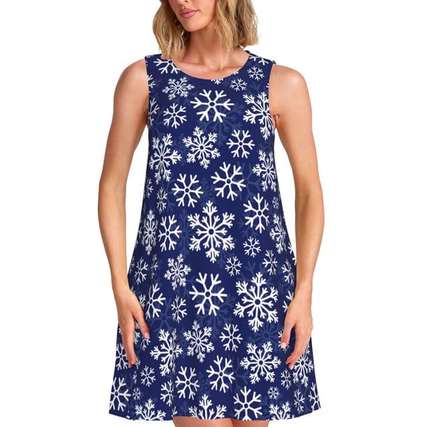 Balery Snowflakes On Dark Blue Vestidos de verano para mujer con estampado: vestido holgado sin mangas, vestido playero informal y cómodo para días calurosos.