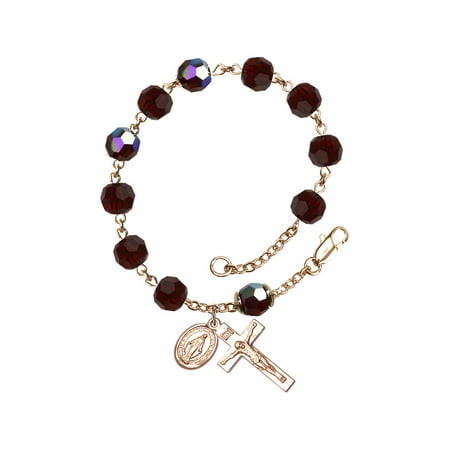 14 Karat Yellow Gold Rosary Bracelet 8mm January Red Swarovski Capped Our Father Aurora Borealis beads Crucifix sz 7/8 x 3/8.