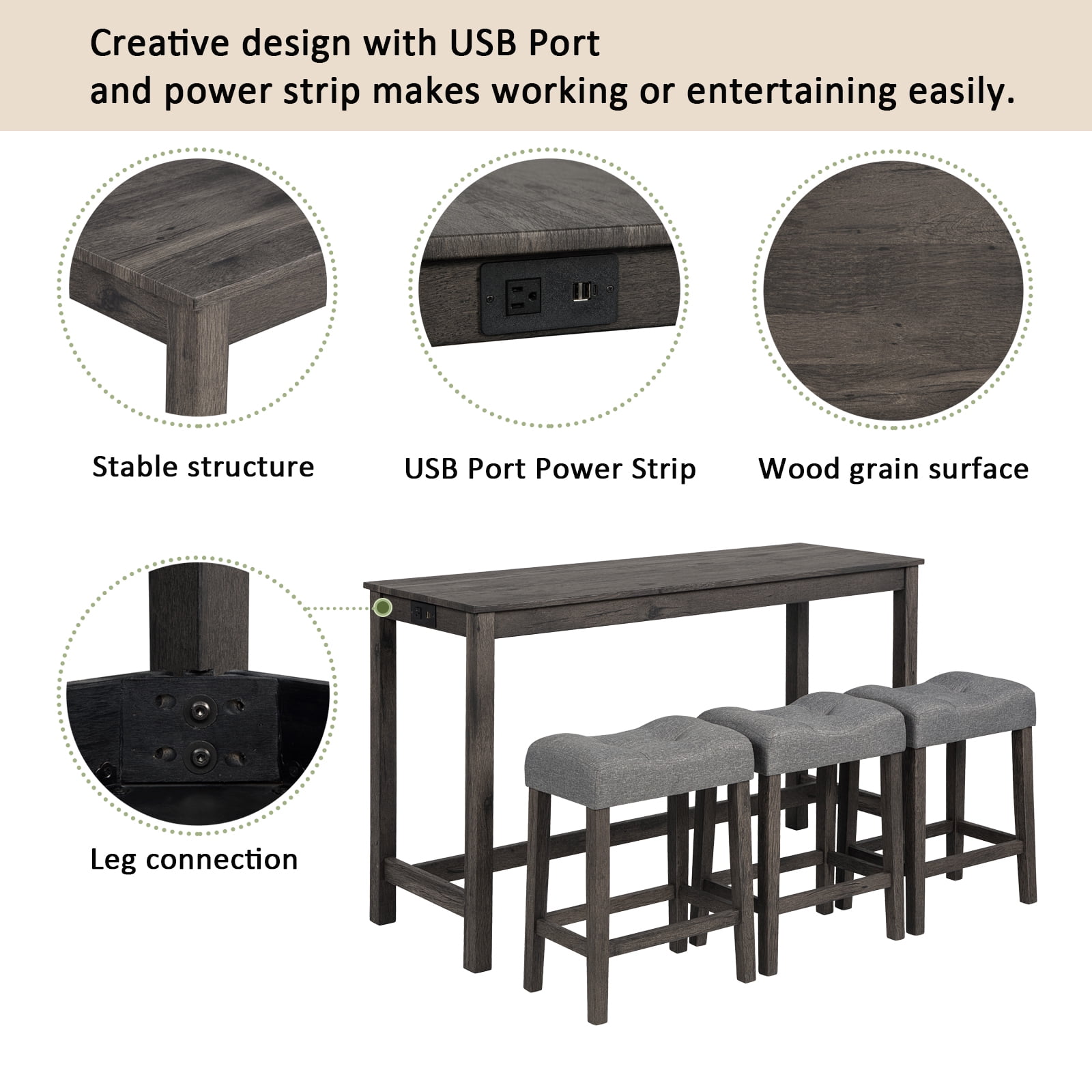 MAYEERTY 4-Piece Bar Table Set with USB Charging Port – Modern Sofa Bar Table and Upholstered Stools Set for Behind Couch, Dining Room, or Living Room