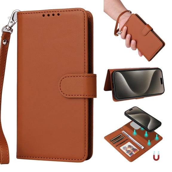 Wallet Case for Samsung Galaxy S25 FE, PU Leather Detachable Magnetic Inner Case with Kickstand Card Holder Hand Strap for Samsung Galaxy S25 FE Flip Wallet 2 In 1 Cover for Women Men - Brown