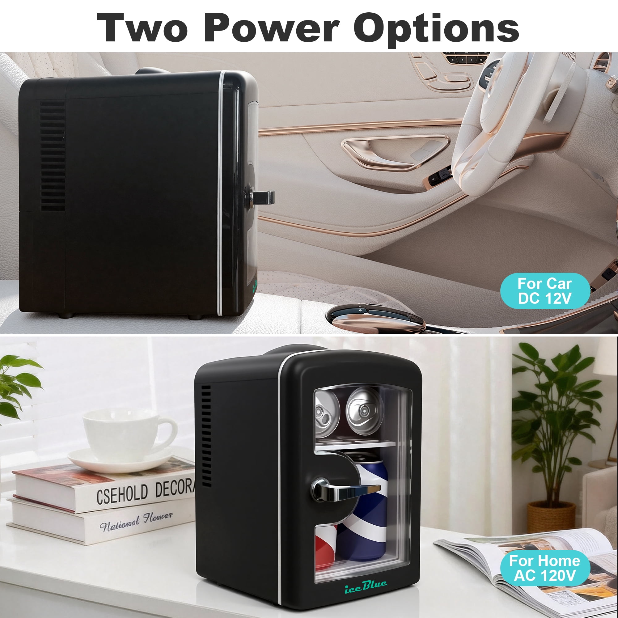 iceBlue 4L Mini Fridge for Cosmetics and Drinks, Car/Home Use (Black), Skincare Refrigerator, Transparent Window and Retro Chrome Handle