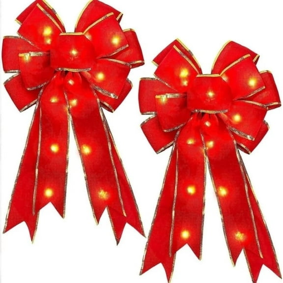 2 pack Christmas Bows with Led Lights, Ribbon Red Bows Christmas Tree Topper Decorations, Wreath Bows, Indoor/Outdoor Holiday Home Decor
