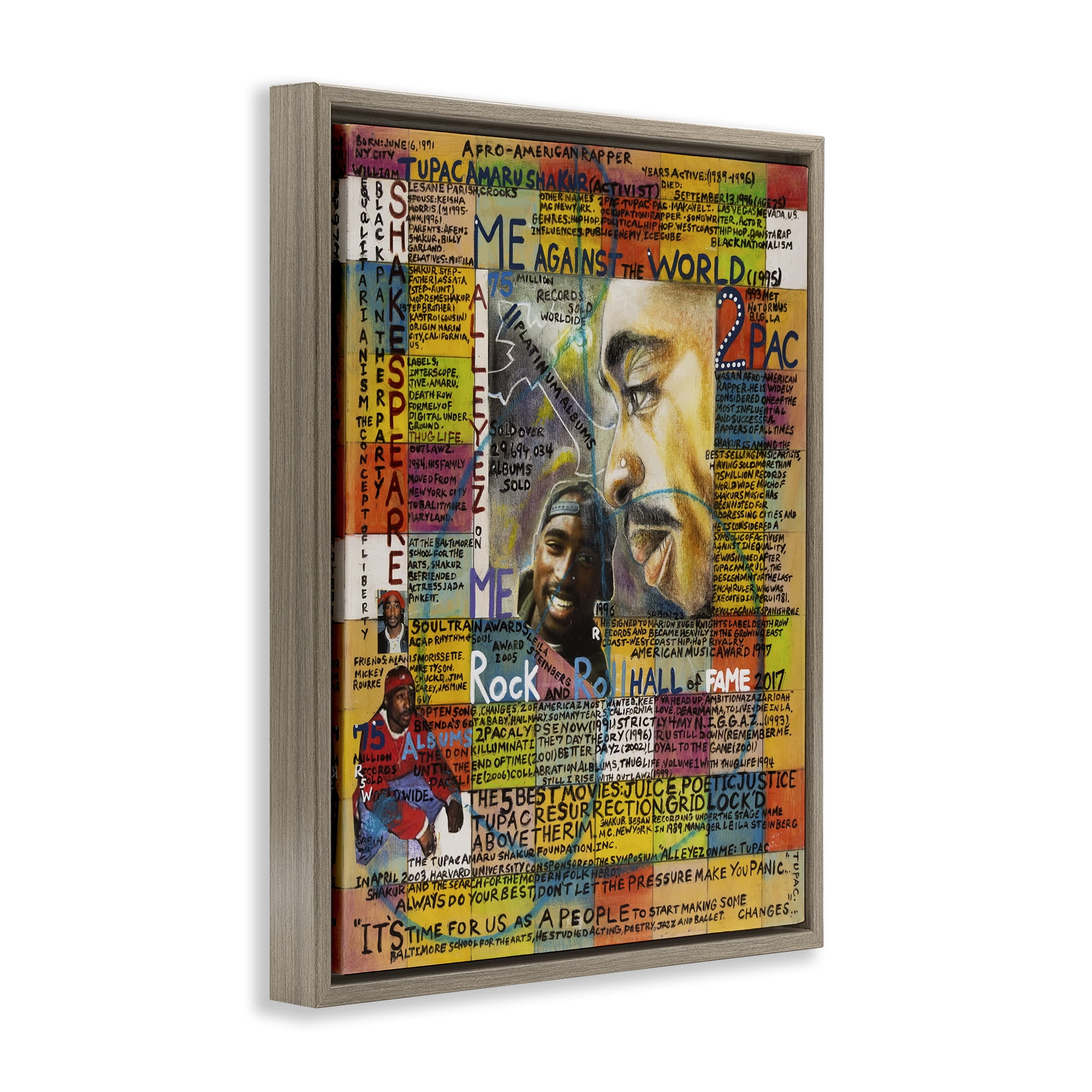 Stupell Industries Tupac Musician Collage People Drawing Brown Floater Framed Canvas Art Print Wall Art, 25 x 31