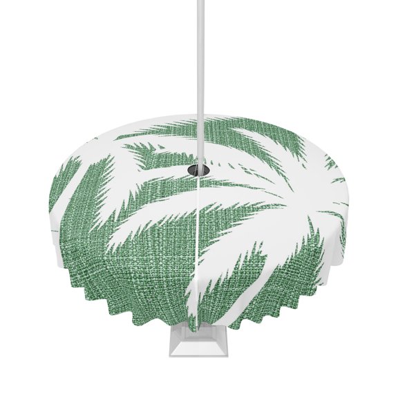 Outdoor Tablecloth with Umbrella Hole and Zipper Tropical Palm Trees Round Tablecloths 60 Inch Waterproof Olive Green Linen Grain Patio Table Cover for Outdoor Tables Picnic BBQS Party Decor