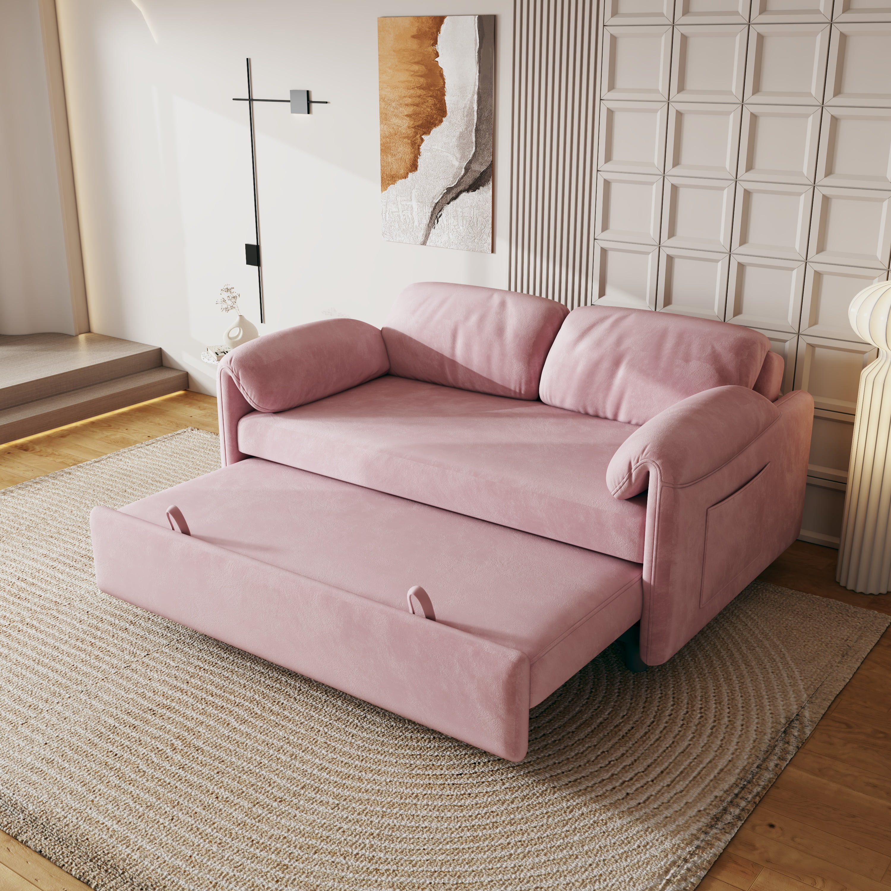 54" Velvet Futon Sofa Bed Convertible Sleeper Sofa Bed Pull Out Sofa Bed With Adjustable Backrest for Living Room,Office,Pink