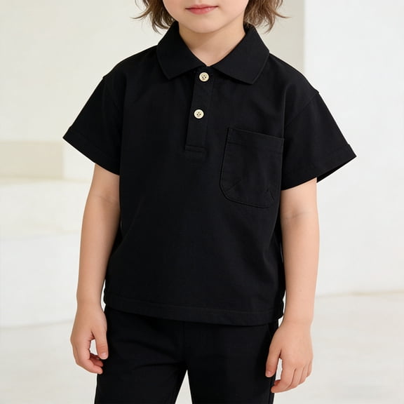 FSYBOA Boys Cotton Polo Shirts, Summer Shorts Sleeves Button Collared Kids Casual Tops Black Size 6T