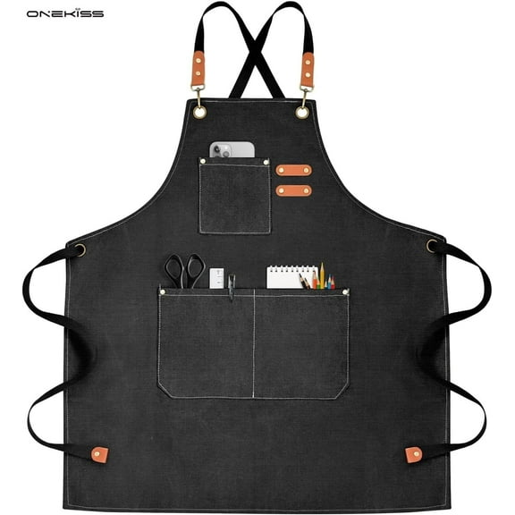 ONEKISS Apron for Men Women Canvas Aprons with 3 Pockets Cross Back Resistant Work Apron for Cooking