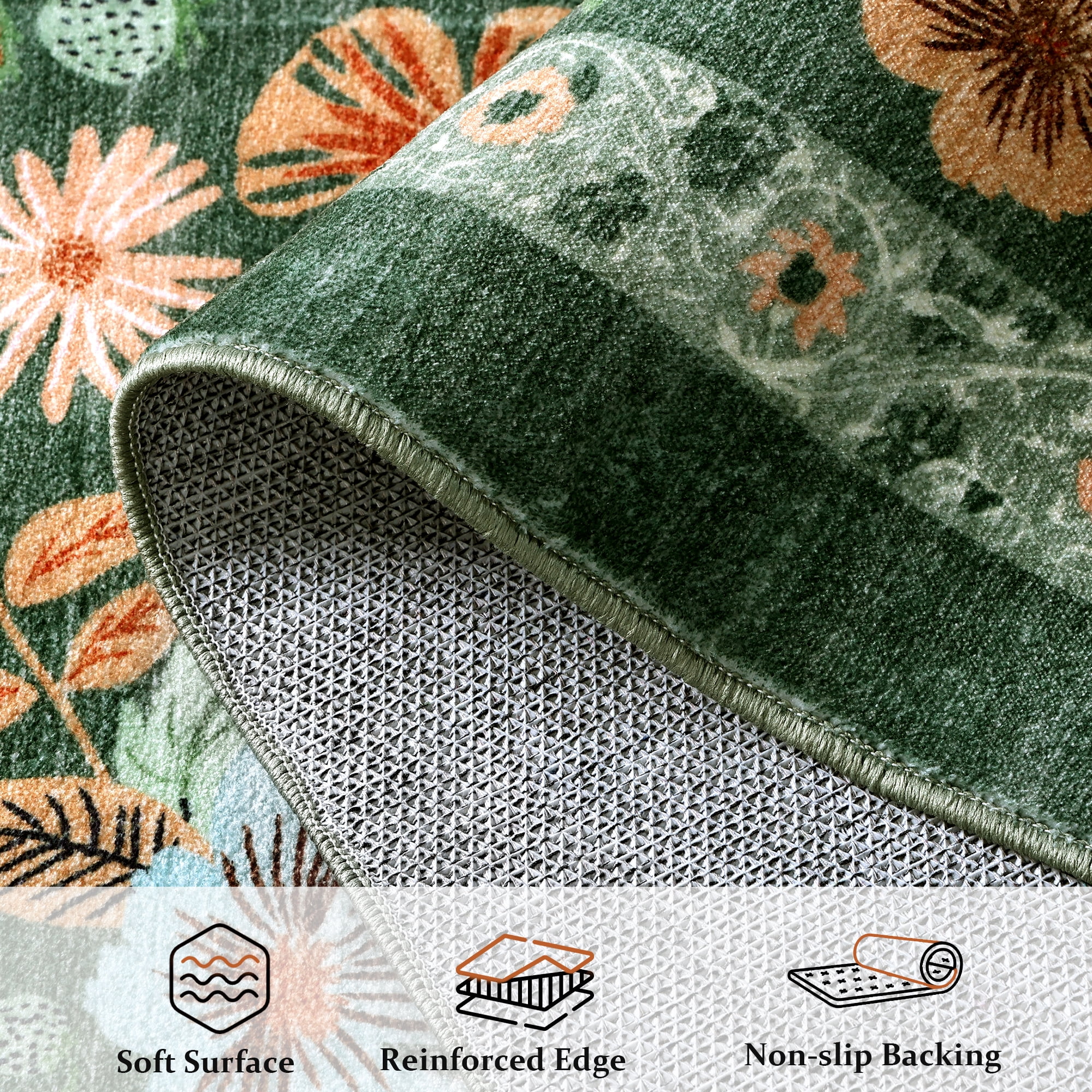 ATHOPE 6x9 Area Rugs for Living Room Bedroom, Floral Washable Soft Low Pile Rug with Non-Slip Backing, Large Vintage Distress Print Pattern Carpet, Green Floral