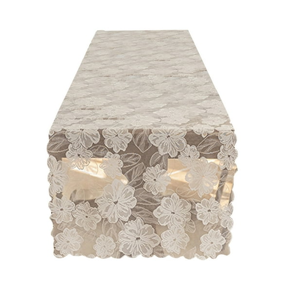 Lace Table Runner 180 cm x 45 cm White Polyester for Dining Table Coffee Table Living Room Kitchen