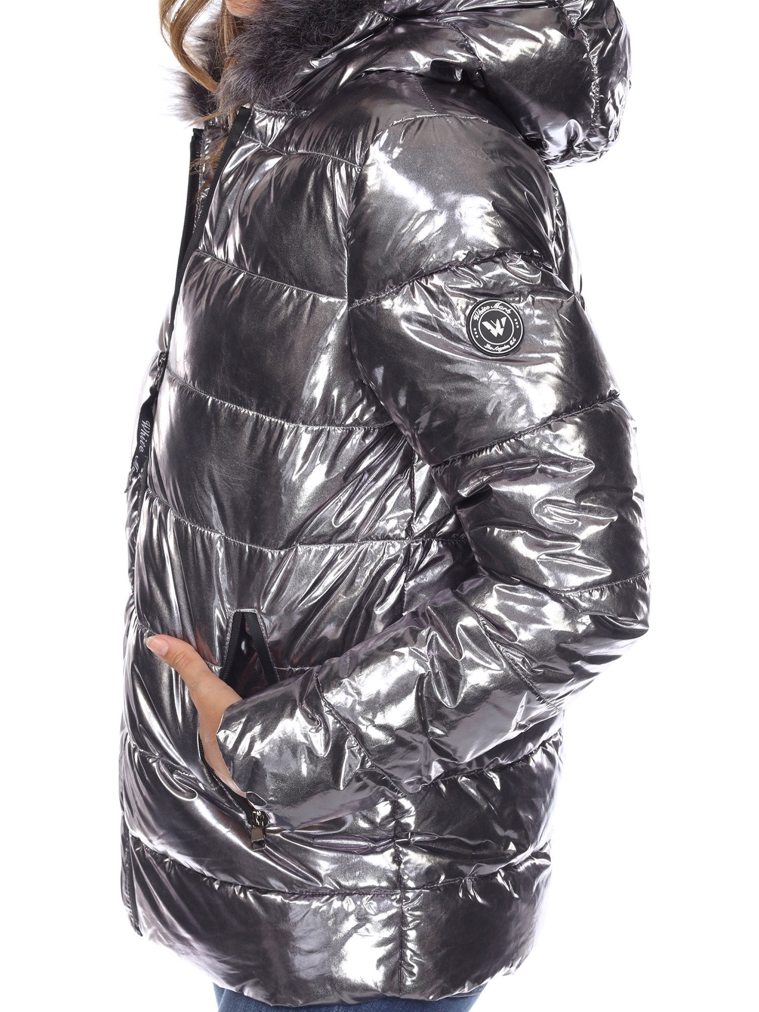 White mark women's metallic online puffer coat with hoodie