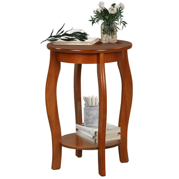 Gymax 2-Tier Round End Table Narrow Sofa Side Nightstand w/ Storage Shelf & Wood Legs