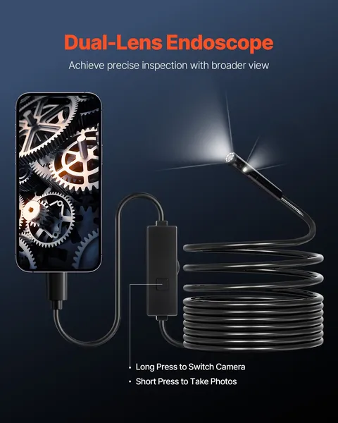 Endoscope Camera Dual Lens Borescope 1920P HD Inspection Camera 8+1 LED Light 2X Zoom 16.4FT Snake Cable IP67 Waterproof for Auto Plumbing Android iOS