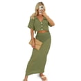 thumbnail image 3 of Women's Crochet Beach Cover Up Set with Knit Crop Button Short Sleeve Collar Top and Bodycon Long Skirt 2 Piece Outfits, 3 of 6