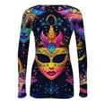 thumbnail image 5 of Mardi Gras Shirts for Women Feathers Print Carnival V Neck Blouse Mask Print Long Sleeve Green Graphic Tee Blue M, 5 of 7