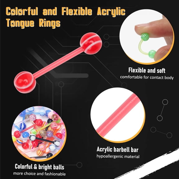 GHRTGR-100Pcs 14G Acrylic Tongue Rings, Multi Color Assortment Flexible Tongue Rings Barbells Mix Piercing