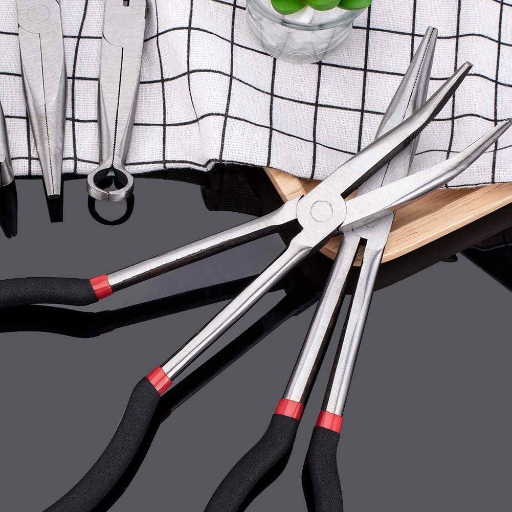 5 Pcs Mini Carbon Steel Lengthened Jewelry Plier Sets Include 25°45°90°Curved Nose Pliers Long for Jewelry Making Reach Hose Grip Pliers and Straight Needle Nose Pliers