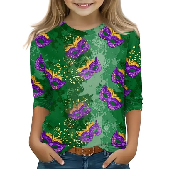 Girls Kids Mardi Gras 3/4 Sleeve Tees - Heart Mask Sequin Graphic Crew Neck Tops, Soft Casual Fat Tuesday New Orleans Carnival Party Matching Outfits